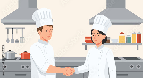 A male chef and a female chef in white uniforms shake hands and smile in a professional kitchen.