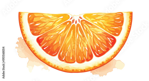A vibrant orange slice with juicy pulp and a thin peel against a clean white background with subtle shadows.