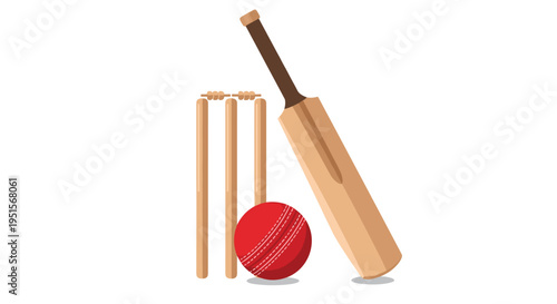 A wooden cricket bat leans against three stumps with a red cricket ball on the ground on a white background.