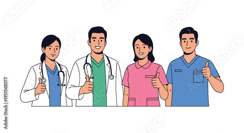 Four smiling medical professionals, two men and two women, stand together giving thumbs-up gestures on a white background.