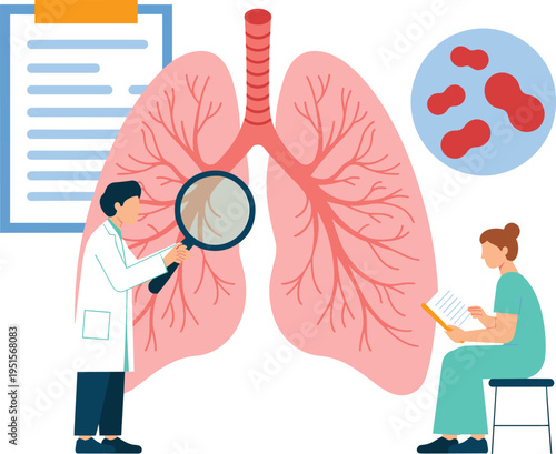 lung health concept illustration, respiratory system anatomy, doctor examining lungs, medical checkup, pulmonary disease diagnosis, healthcare treatment, human organ study