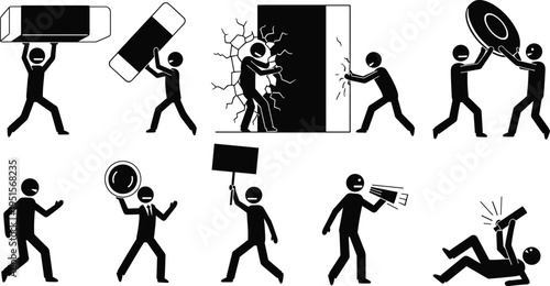 Black stick figure icons showing people in action holding large erasers breaking walls and using megaphones for creative problem solving and communication concepts.