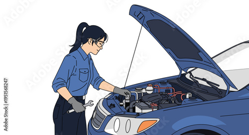 A female mechanic wearing safety glasses and gloves inspects the engine of a blue car with a wrench on a white background.