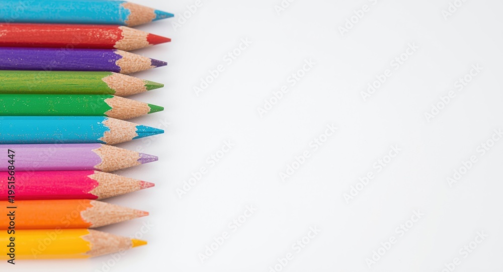Fototapeta premium Colorful pencil tips on white background emphasizing office supply essentials