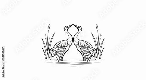 Two elegant cranes in a pond with reeds