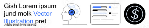 Artificial intelligence, data visualization, financial analysis, AI-powered tools, tech development, business insights. A head silhouette with AI text, analysis chart and dollar icon. Artificial