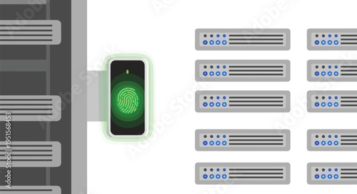 A glowing green fingerprint scanner is mounted on a wall next to server racks.