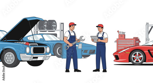 Two male mechanics work in a car repair shop with a blue car and a red sports car.