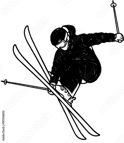 A freestyle skier airborne, performing a jump with skis spread