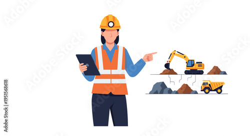 A female engineer in a hard hat points towards a yellow excavator and dump truck on a mining site.