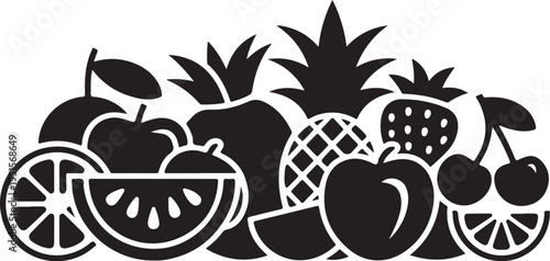 Black and white fruit apples pineapple strawberry