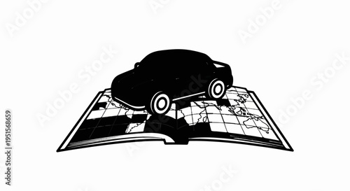 A black car drives over an open book displaying a map of the world