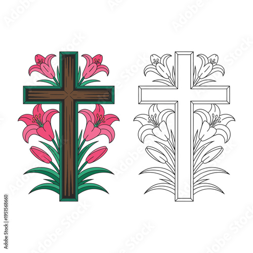 A colorful cross with lilies and a black and white version