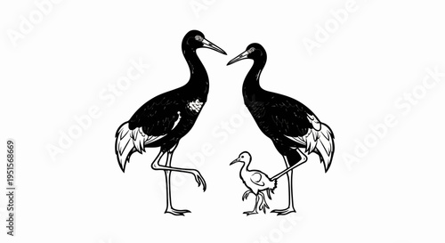 Two adult birds stand protectively over a small chick, black ink sketch