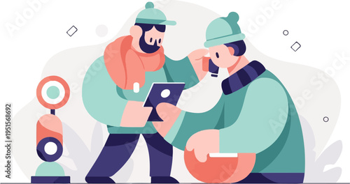 Two cartoon figures in winter attire interact with a tablet and phone