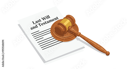 A wooden gavel with a golden band rests diagonally on a flat Last Will and Testament document.