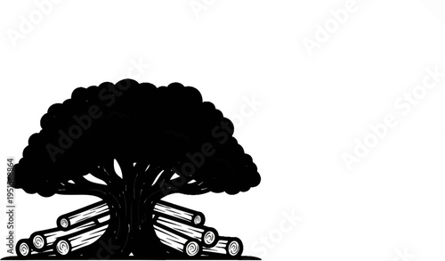A silhouette of a large tree with logs stacked at its base