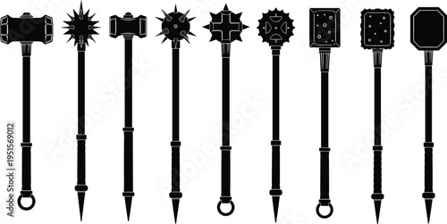 Medieval mace weapon silhouettes vector set featuring spiked war hammers and fantasy battle maces isolated ancient weapon icons collection