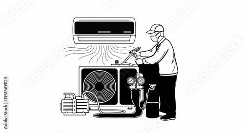 Technician servicing an air conditioning unit with tools and equipment