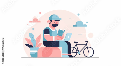 Cartoon person with beard, hat, laptop, book and bicycle near potted plant