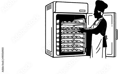 Baker silhouetted placing trays of buns into a large refrigerator