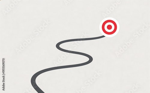 Minimal curved path leading to target symbolizing goal achievement, strategy direction and business journey concept, clean modern vector illustration isolated on white background