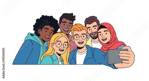 A cheerful and diverse group of six young individuals are taking a selfie with a smartphone.