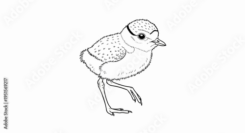 Detailed line drawing of a fluffy baby bird with one leg raised