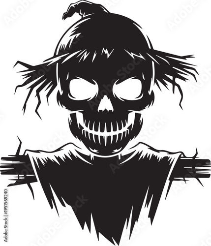 Black and white of a scarecrow skull Halloween spooky