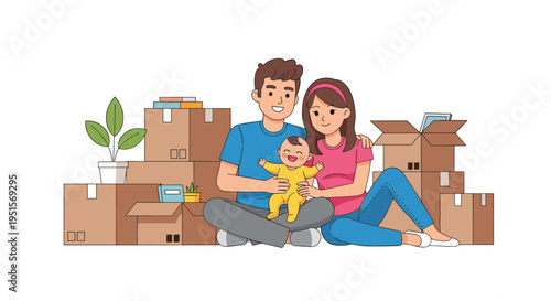 A smiling family with a baby sits on the floor surrounded by cardboard moving boxes and a plant on a white background.