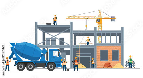 A construction site shows a partially built steel-frame building with workers, a cement mixer truck, and a yellow crane.