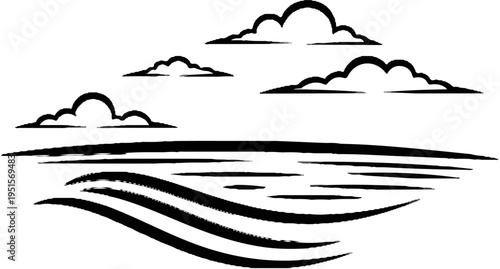 Stylized clouds float above a rippling water surface