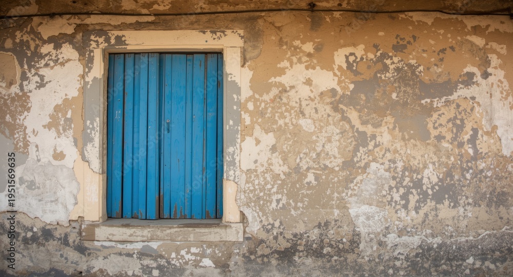 Fototapeta premium Rustic vintage house featuring weathered walls and an aged blue window with charming historical architecture