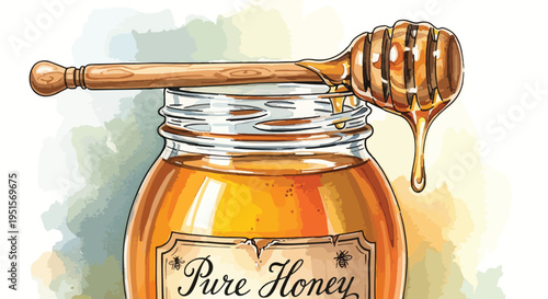 Illustration of a honey jar with a wooden dipper dripping honey, label reading 'Pure Honey', in a watercolor style with warm golden tones and a rustic feel against a soft, multicolored