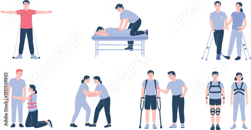 physiotherapy rehabilitation illustration set, physical therapy exercises, patient recovery process, therapist assistance, injury treatment, mobility support, healthcare concept, vector collection