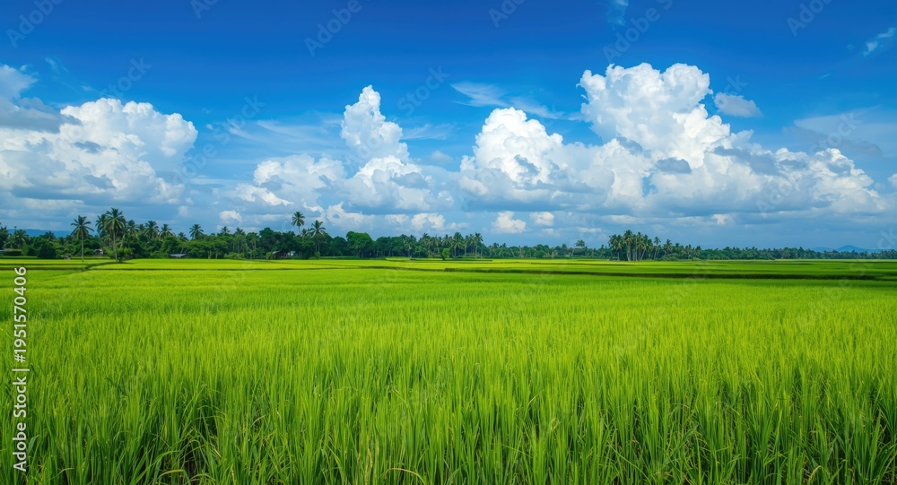Obraz premium Lush rice field panorama featuring vibrant green meadows beneath a clear bright sky with dynamic white clouds