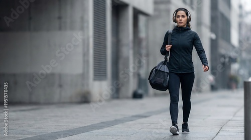 Young woman walking with headphones and gym bag on city street