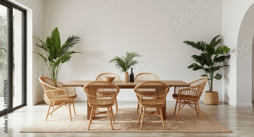 Handmade rattan chairs in a tropical minimalist dining room interior scene