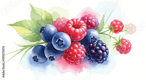 Watercolor illustration of a vibrant mix of blueberries, raspberries, and blackberries with green leaves on a white background with colorful watercolor splashes.
