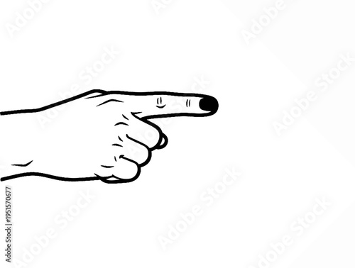 Stylized black and white line drawing of a hand pointing with index finger