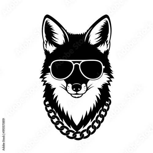 Cool Fox Wearing Sunglasses and Gold Chain, Hip Hop Style, Black and White Vector Art