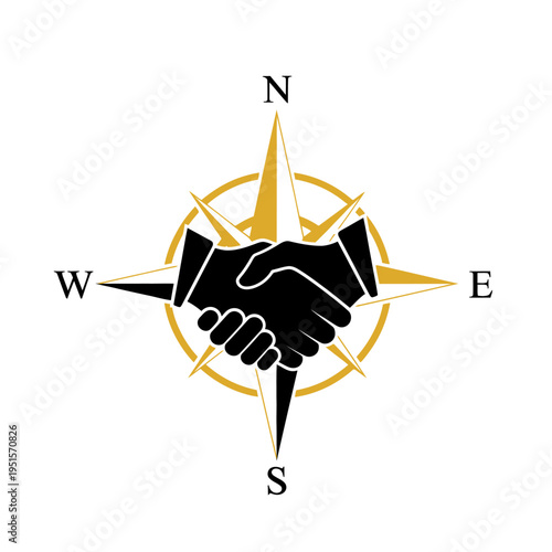 Compass Rose with Handshake Symbolizing Partnership, Trust, and Navigation in Business
