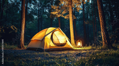 Wallpaper Mural Camping tent glowing warmly in dark forest at night with lantern light creating cozy atmosphere Torontodigital.ca
