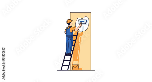 A man in a hard hat and overalls is applying plaster to a light orange wall while standing on a ladder against a white background.