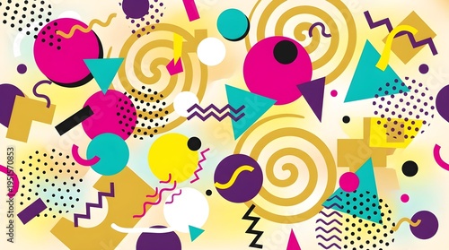 Vibrant Abstract Geometric Pattern with 90s Memphis Style Design