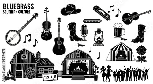 Southern Culture Bluegrass Festival Icon Collection Featuring Traditional Instruments And Live Outdoor Music Event Elements