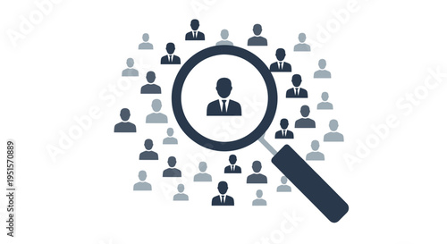 A large dark blue magnifying glass is highlighting a human silhouette icon amidst other icons against a clean white background.