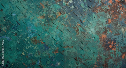 Artistic wall texture background featuring abstract pattern on aged metal plate with green and blue tones