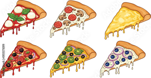 Set of pizza slices with different toppings including cheese pepperoni vegetables and mushrooms isolated vector illustration for fast food menu design projects