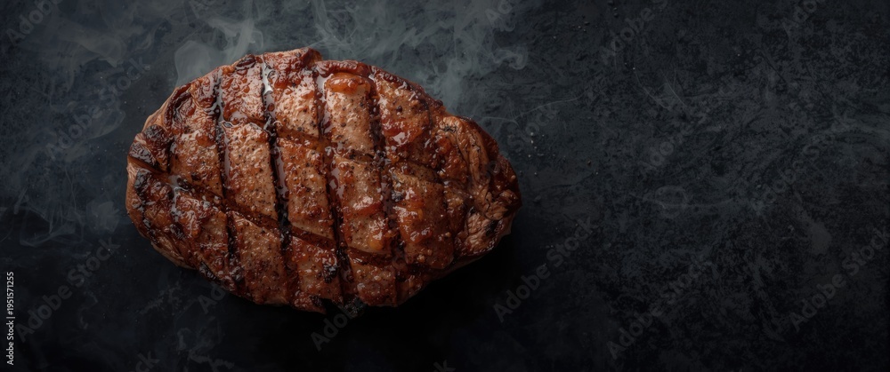 Naklejka premium Overhead shot of smoky grilled ribeye steak seasoned with copy space